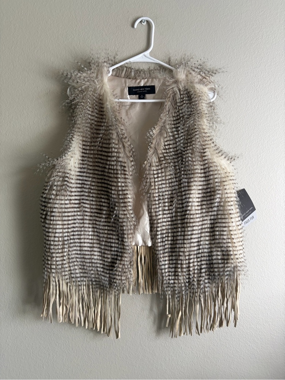 Andrew Marc New York Faux Fur & Fringe Vest cream brown/beige striped NWT